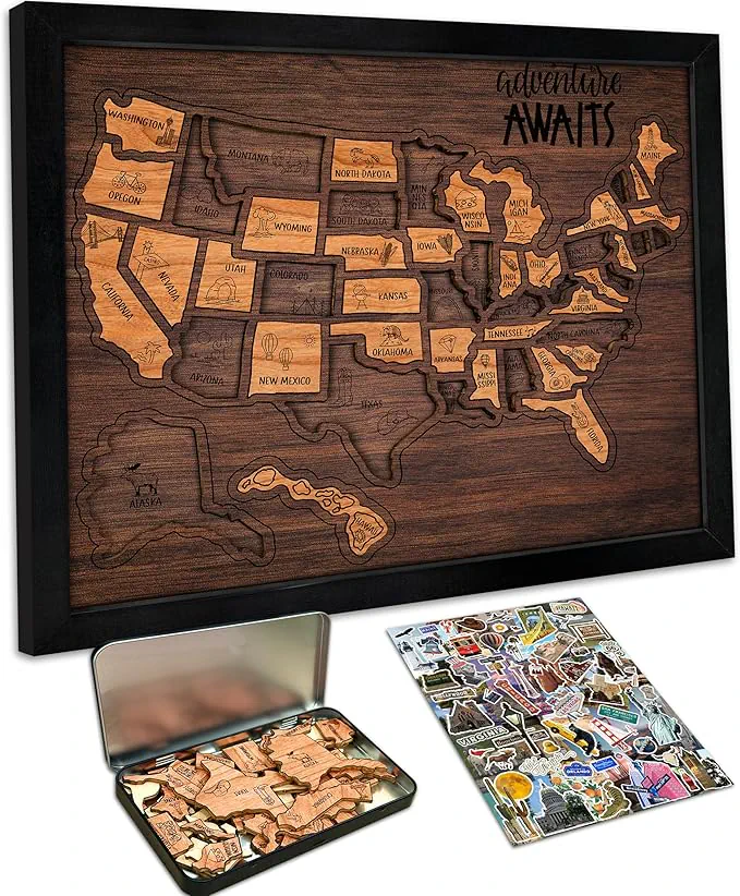 🔥Last Day 49% OFF -🇺🇸 Wooden USA Travel Map Puzzle🧩A Stylish Way to Track Your Journey