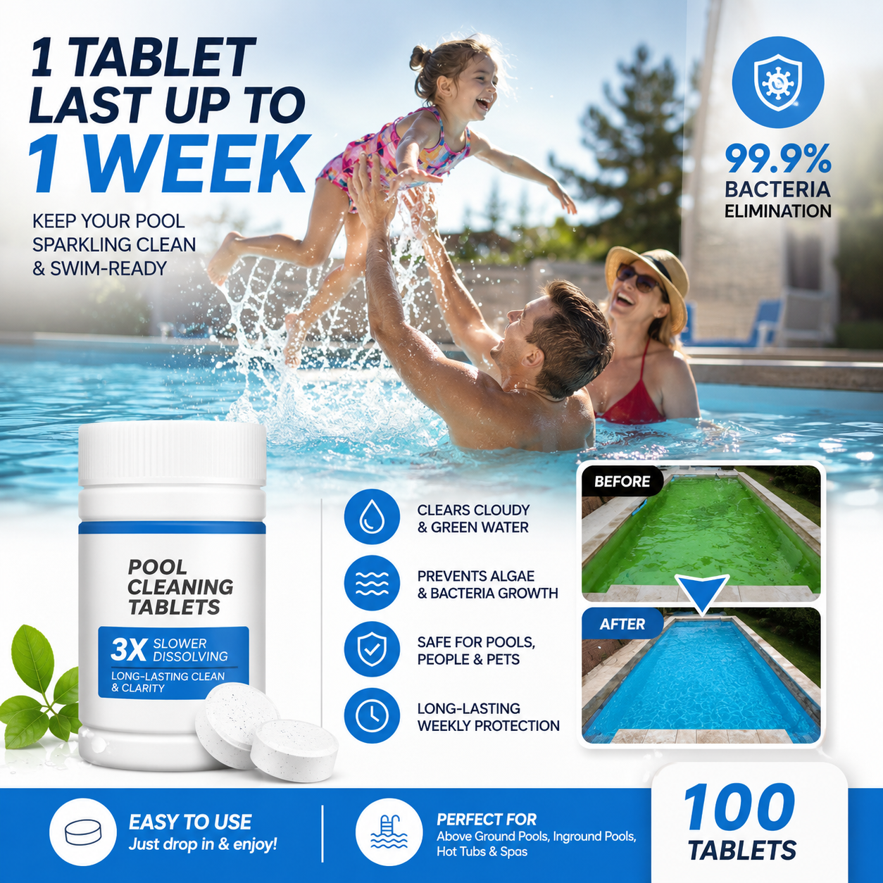 🏊‍♂️ Pool Cleaning Tablets for Crystal Clear Water – Drop, Dissolve, Dive In! 🌊✨